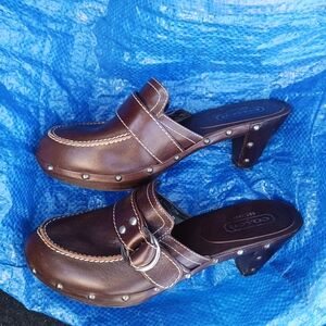 Coach Brown Leather Studded Buckle Clog Heels